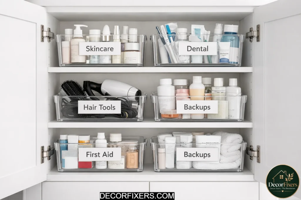 Labeled bathroom storage bins inside organized cabinet