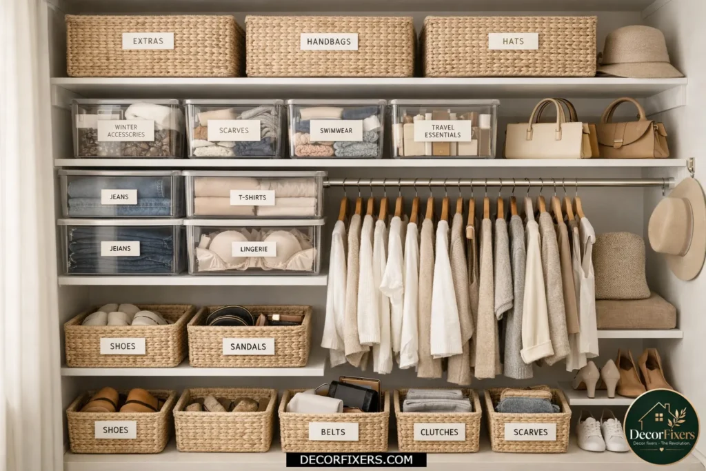 Labeled storage bins organizing accessories inside bedroom closet.