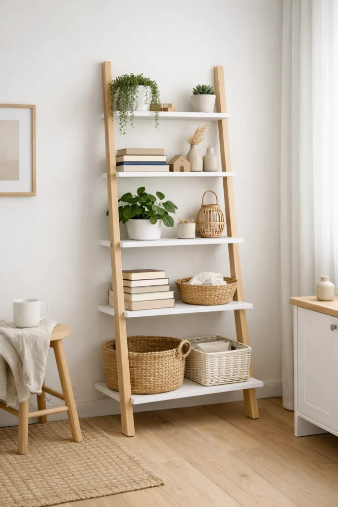 Ladder shelf placed in a room corner for stylish vertical storage