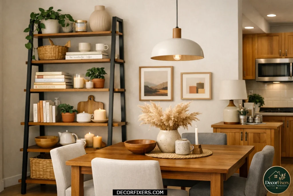 Compact dining room using a tall ladder shelf for stylish vertical storage.
