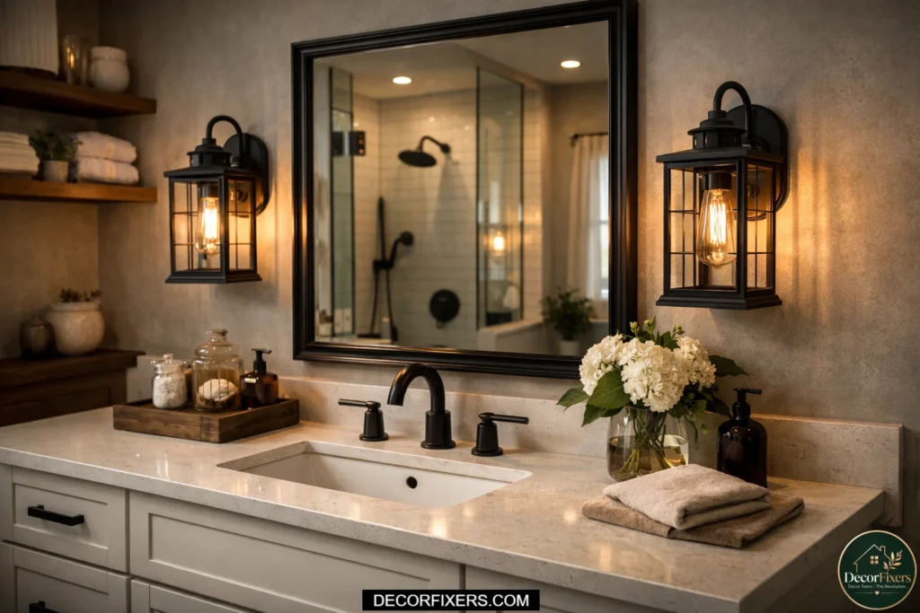 Lantern-style bathroom sconces with exposed warm filament bulbs.