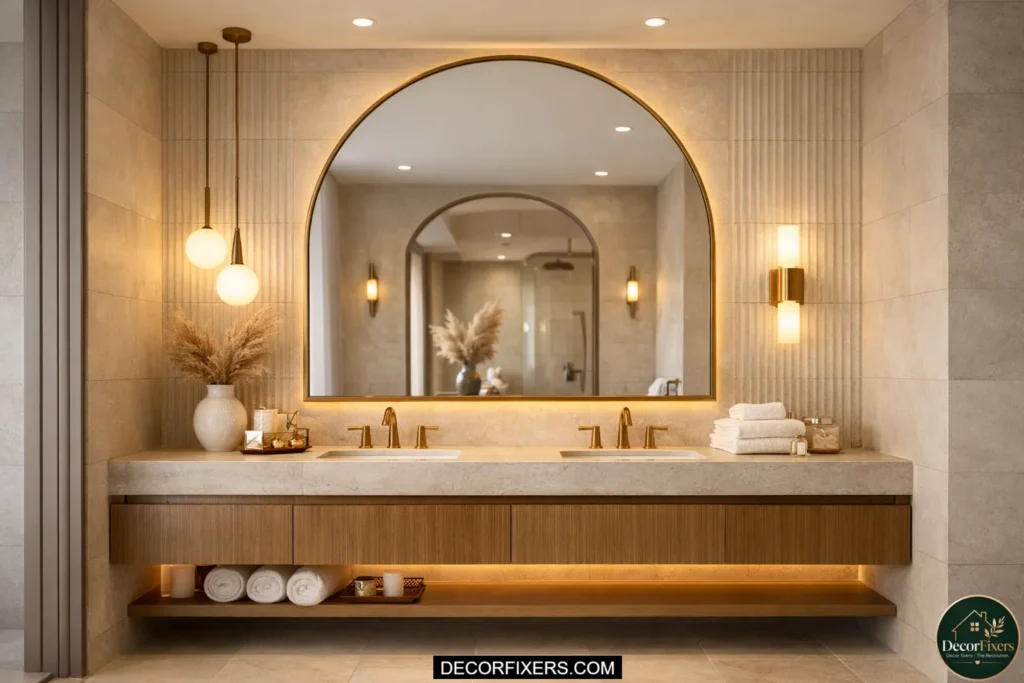 Large arch-shaped bathroom mirror creating a luxury focal point