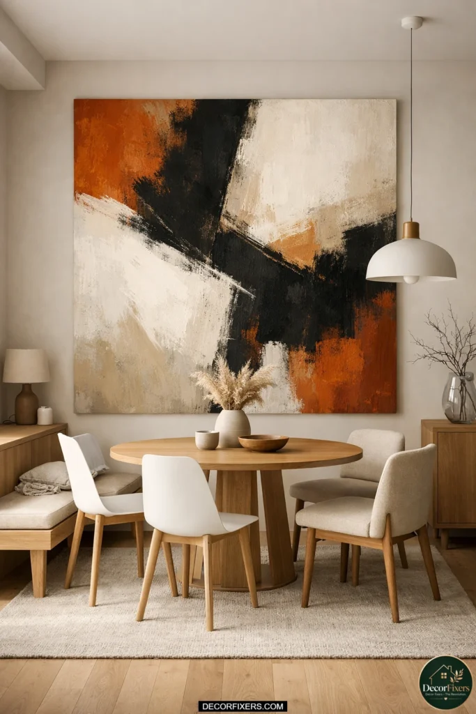 Oversized wall art in modern compact dining room