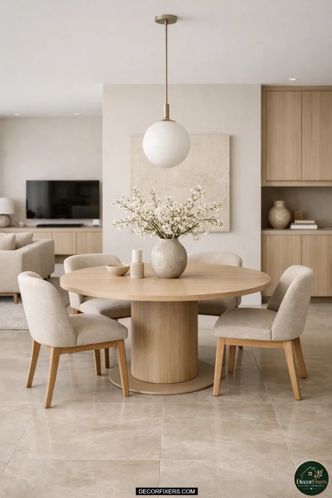 Continuous flooring making small dining room appear larger