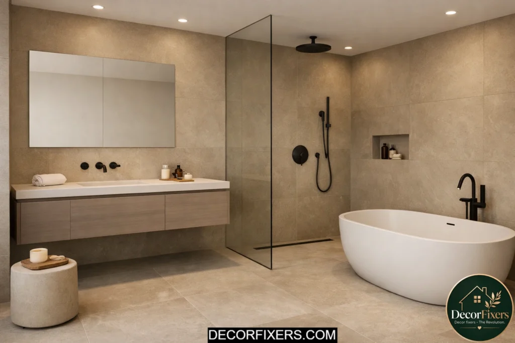 Minimalist bathroom with oversized stone-look tiles and minimal grout lines for a seamless appearance