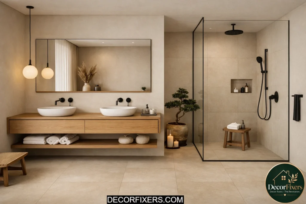 Japandi bathroom with seamless large-format floor tiles and warm tones