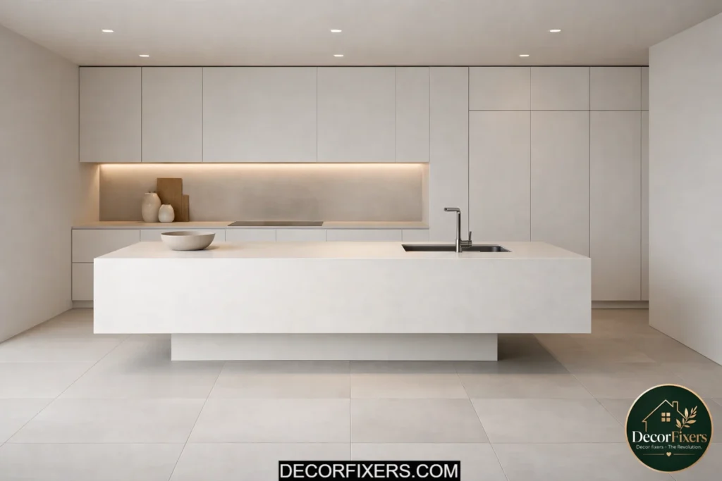 Minimalist kitchen with oversized floor tiles and seamless modern design