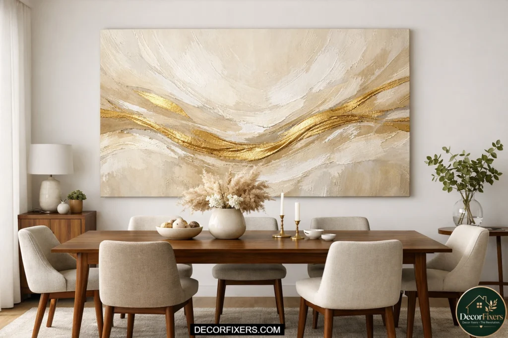 Large gold and cream abstract canvas on white dining room wall.