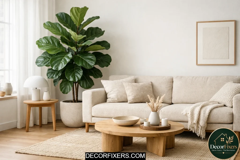 Single large indoor plant used as focal point in living room decor