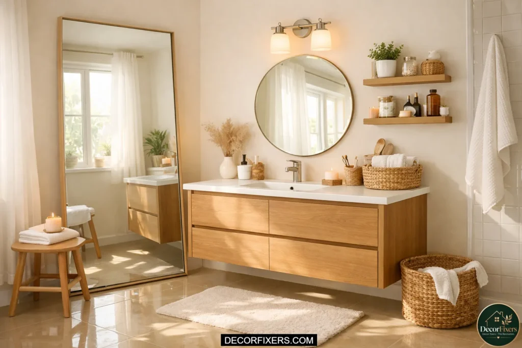 Large frameless leaning mirror making a small bathroom feel brighter and bigger