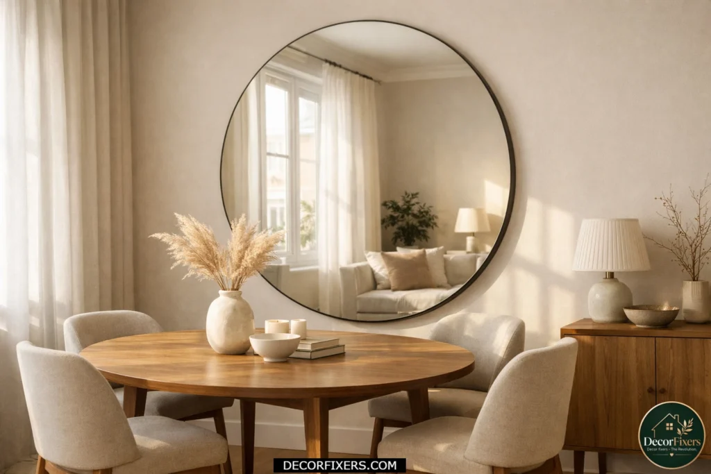 Compact dining room with a large mirror reflecting light to make the space feel bigger.