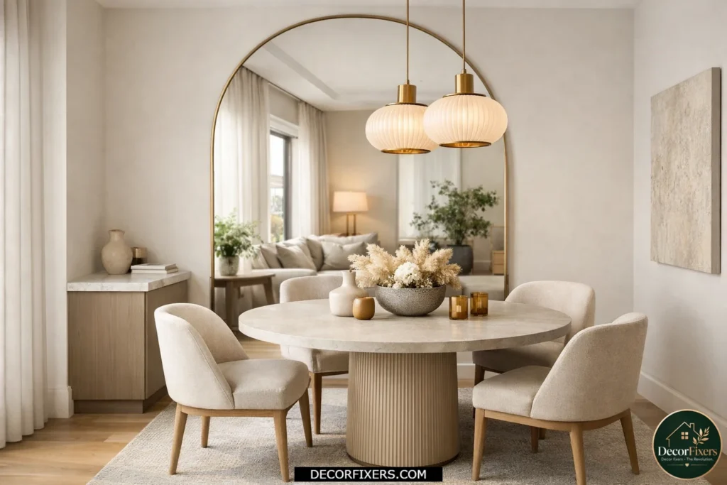 Tiny dining room featuring a large mirror to visually enlarge the space.