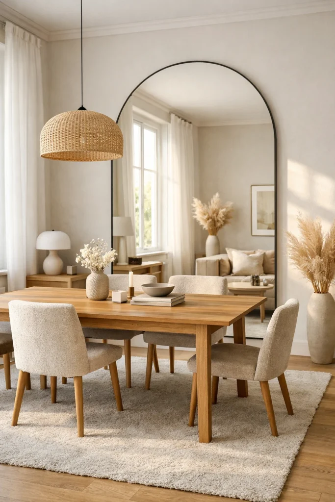Large arched mirror making a small dining room appear bigger and brighter