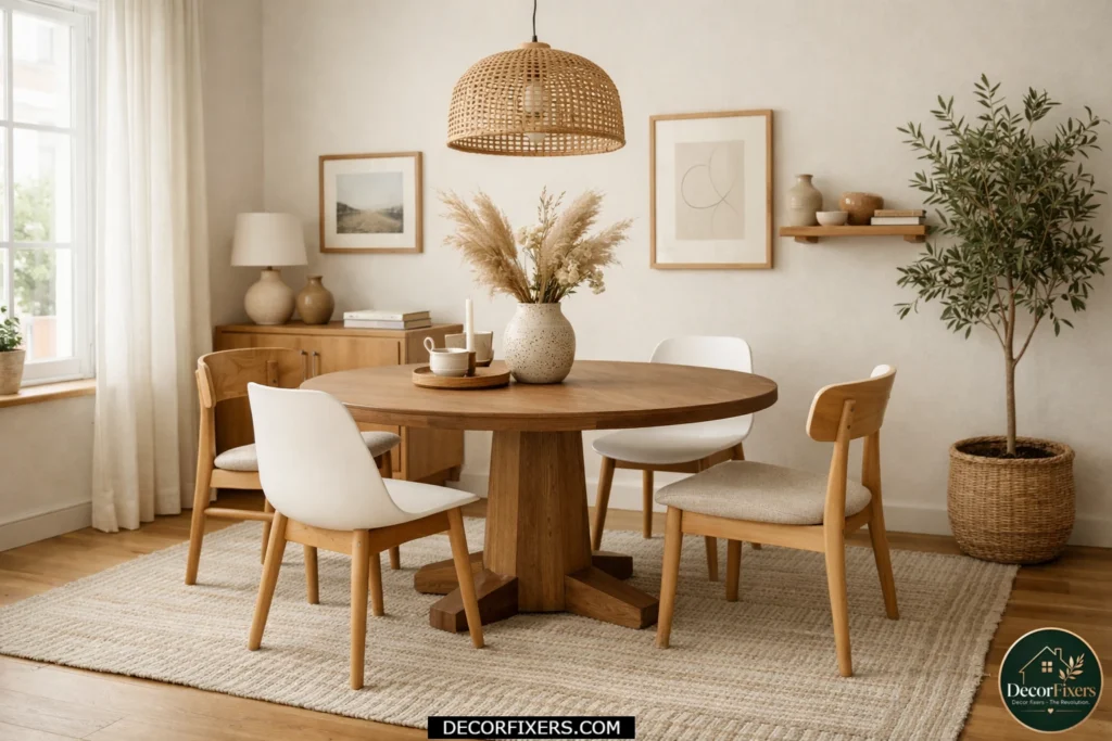 Small dining room with a properly sized rug extending under the dining chairs.