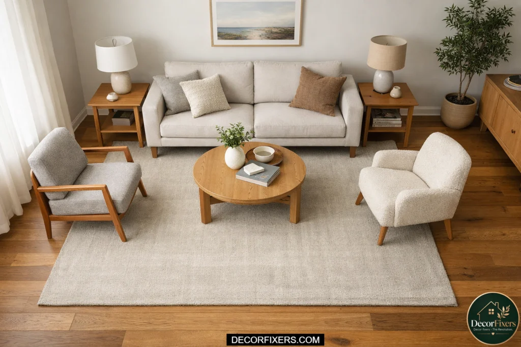 large rug anchoring furniture in small living room layout