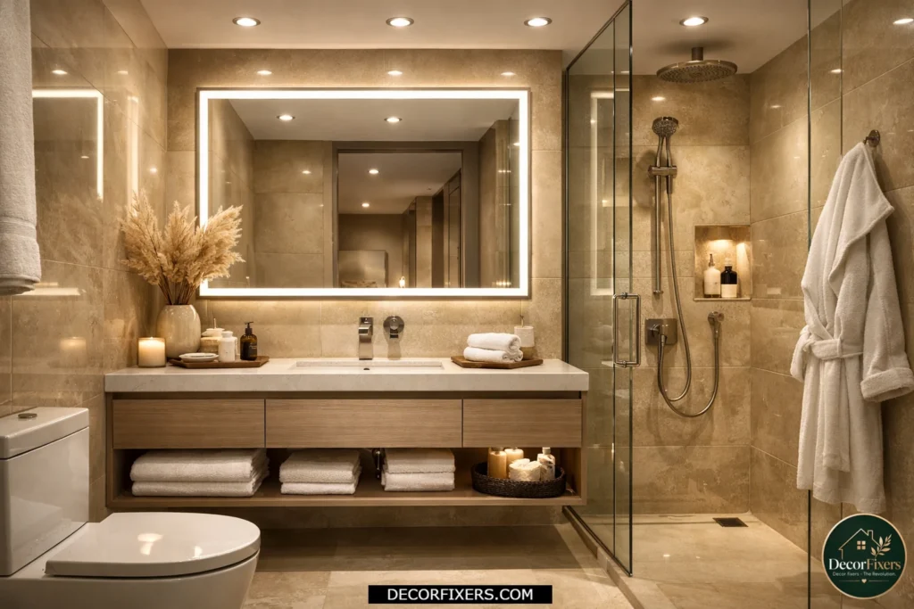 Small bathroom with layered lighting including recessed ceiling lights and illuminated vanity mirror.