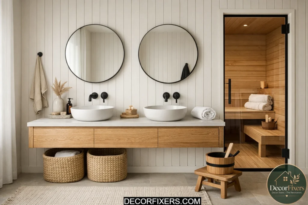 Scandinavian bathroom with layered ambient and accent lighting.