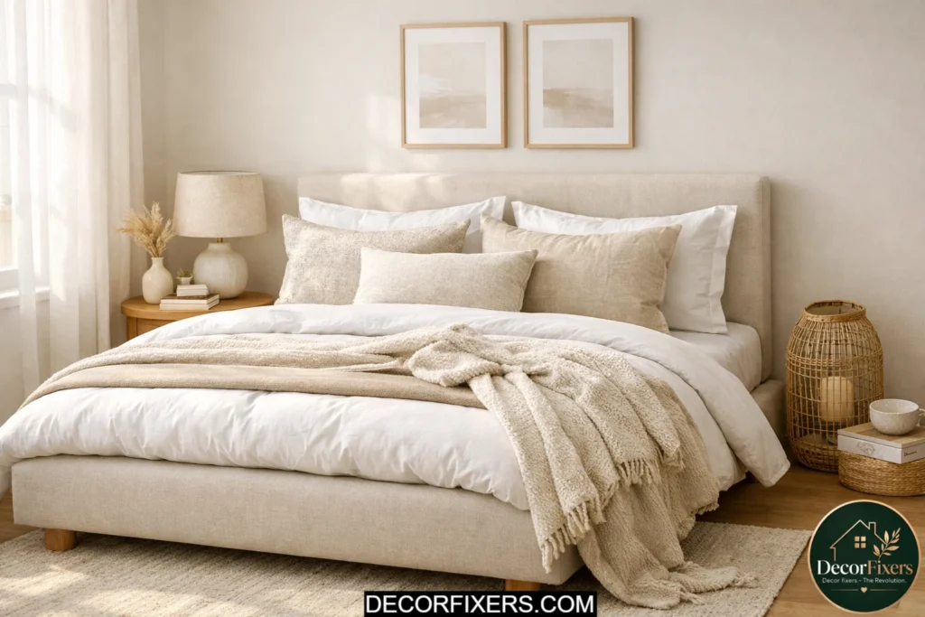 Layered neutral bedding styled to make a cheap bedroom look luxurious