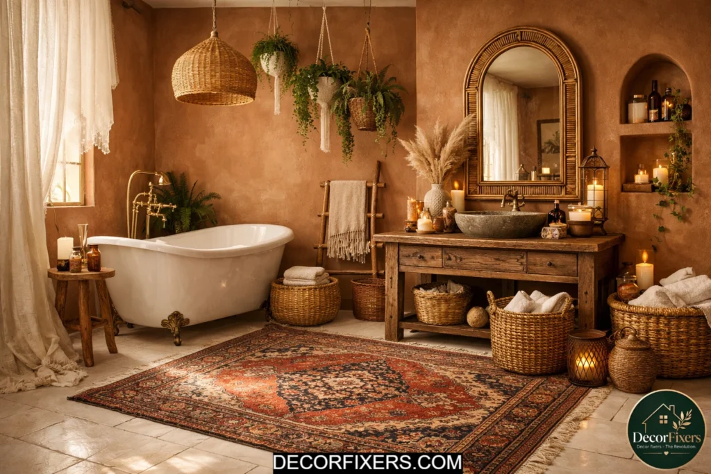 Vintage-inspired patterned boho rug layered over white bathroom tile with warm earthy decor accents