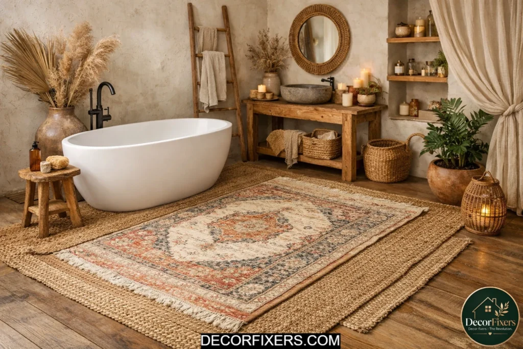 Layered jute and patterned rugs adding texture to a spacious boho bathroom floor