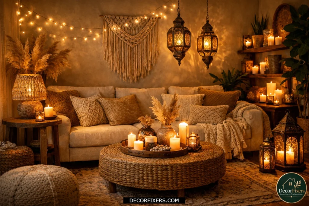 Cozy boho living room with lanterns, candles, and layered warm lighting