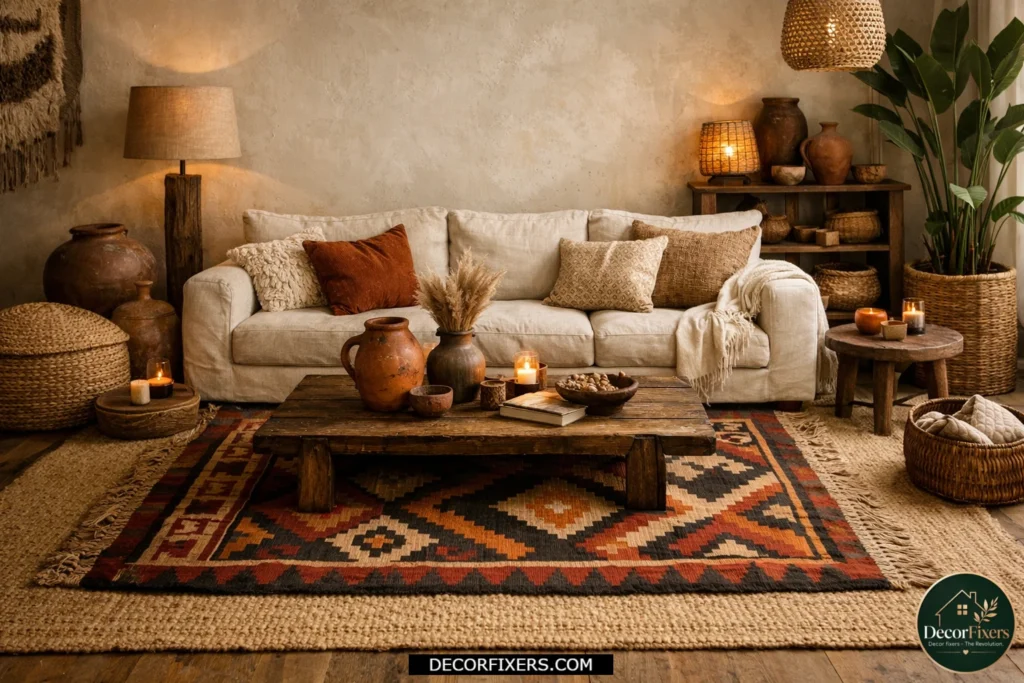 Boho living room with layered jute and Moroccan rugs under a wooden coffee table