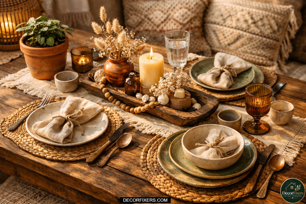 Layered boho dining table setting with linen napkins, woven placemats, and ceramics