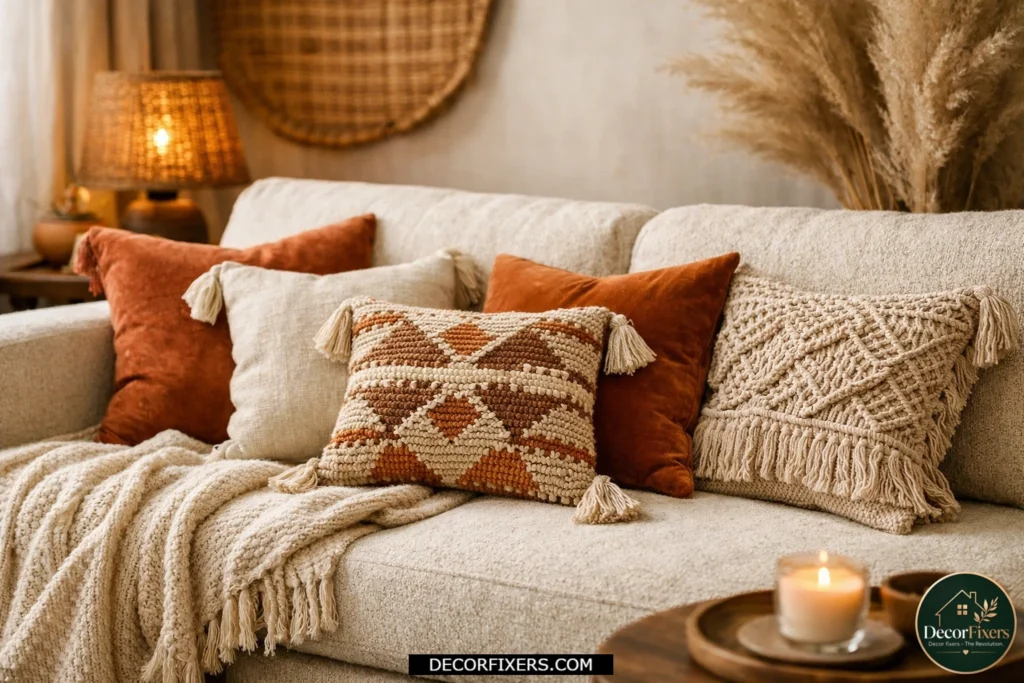 Neutral boho sofa styled with mixed textured throw pillows
