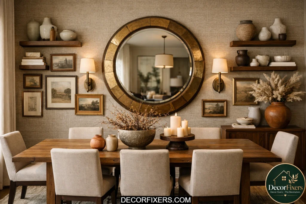 Layered dining room wall combining mirror, art, shelves, and wallpaper in a curated modern style