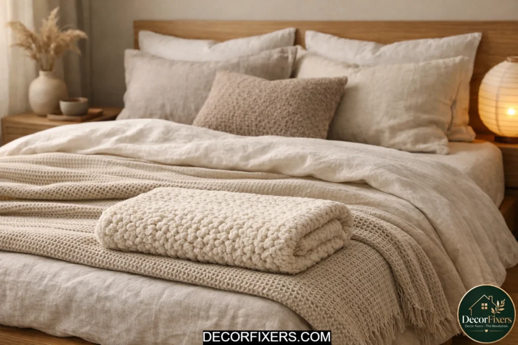Layered Japandi bedding with linen, waffle weave, and boucle textures