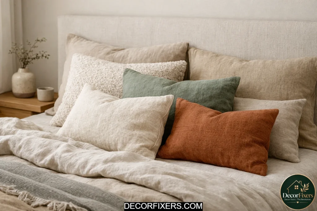 Layered textured cushions on a Japandi bed