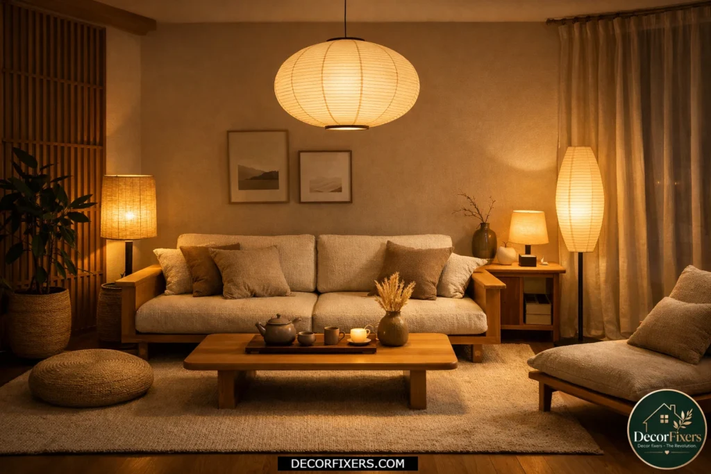 Japandi living room with layered warm lighting and paper lanterns