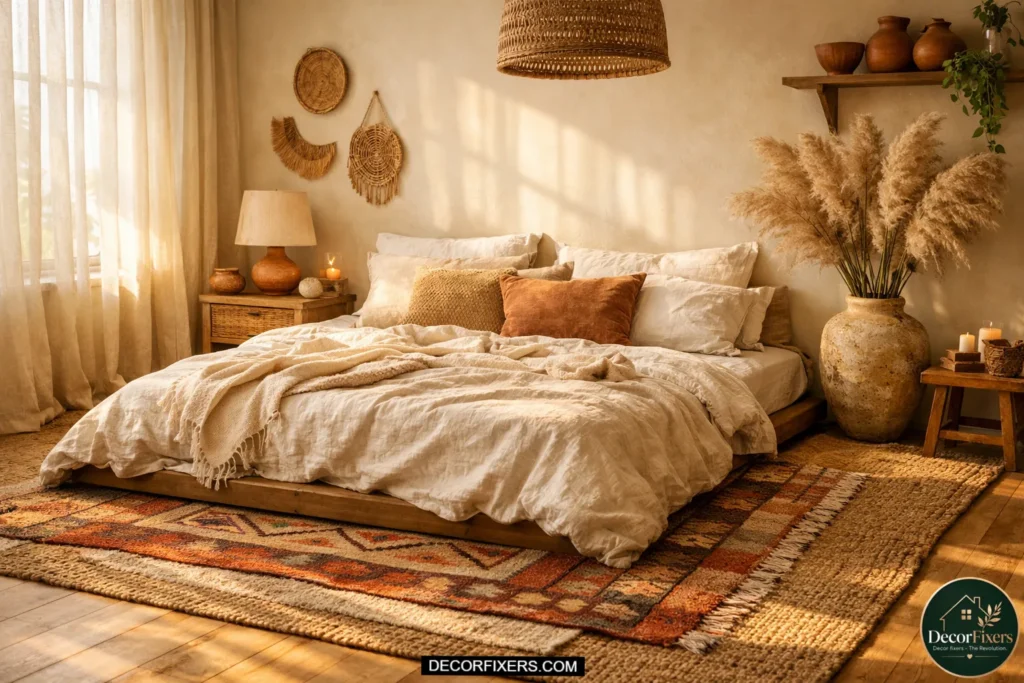 Warm bohemian bedroom with layered jute and vintage kilim rugs over oak flooring, low linen bed, pampas grass decor, cream walls, and soft golden sunlight creating a cozy earthy atmosphere.