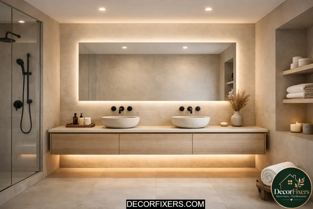 Minimalist bathroom with layered lighting and glowing backlit mirror for a warm ambiance