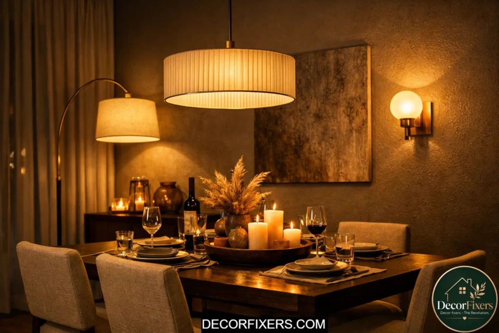 Dining room with layered lighting from lamps candles and pendant light