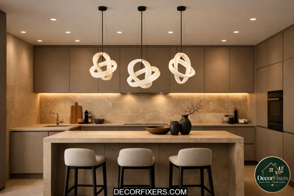 Minimalist kitchen featuring layered ambient and task lighting