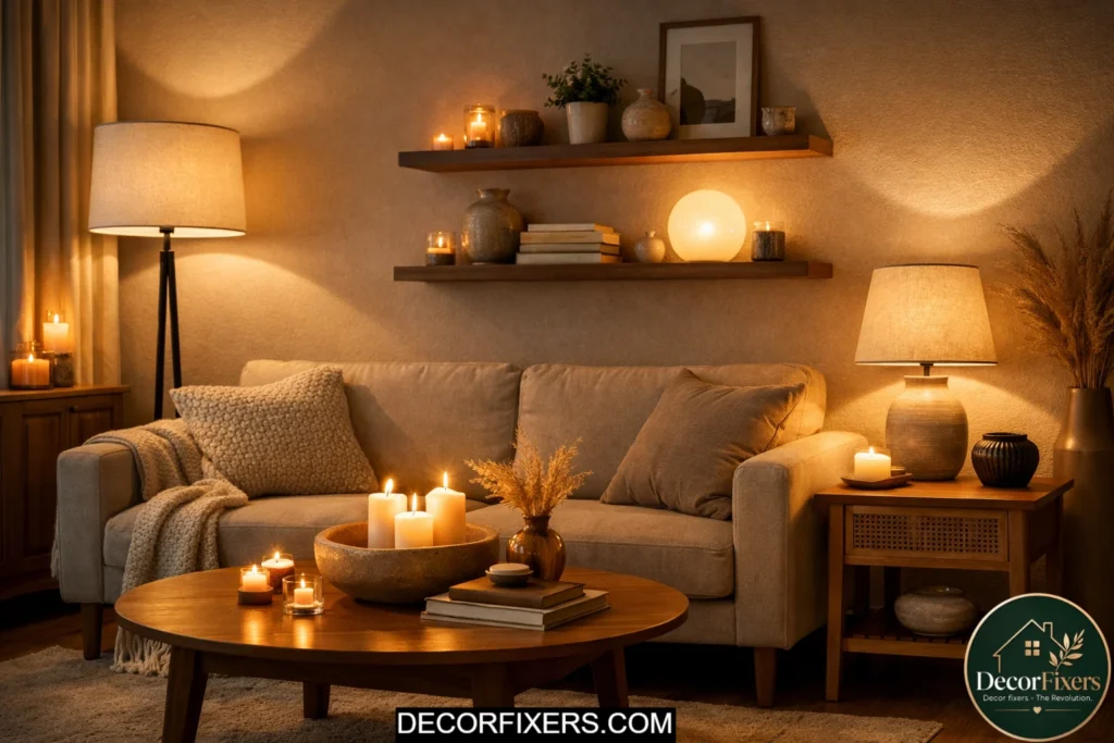 Layered lighting living room with floor lamp and table lamps creating depth