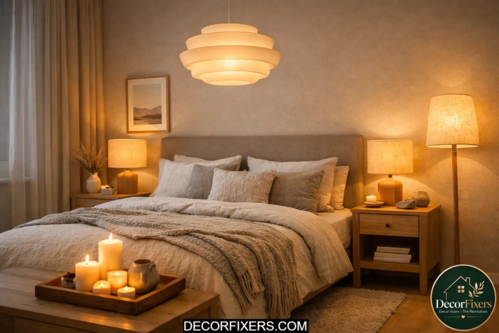Scandinavian bedroom with layered warm lighting and cozy Nordic ambiance.