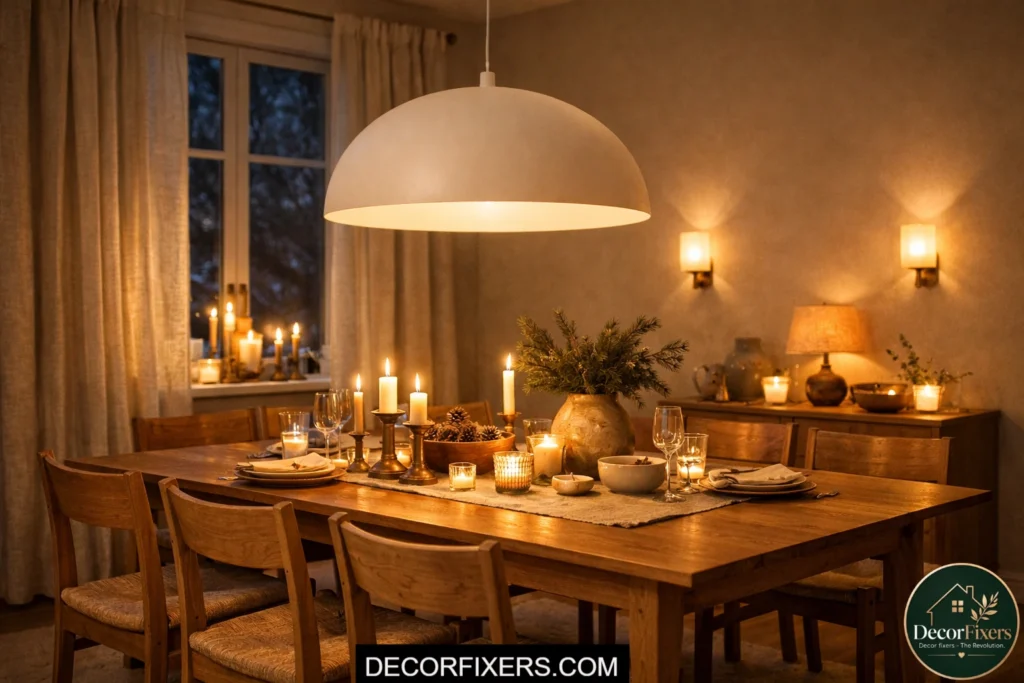 Scandinavian dining room using pendant lights, candles, and wall sconces together