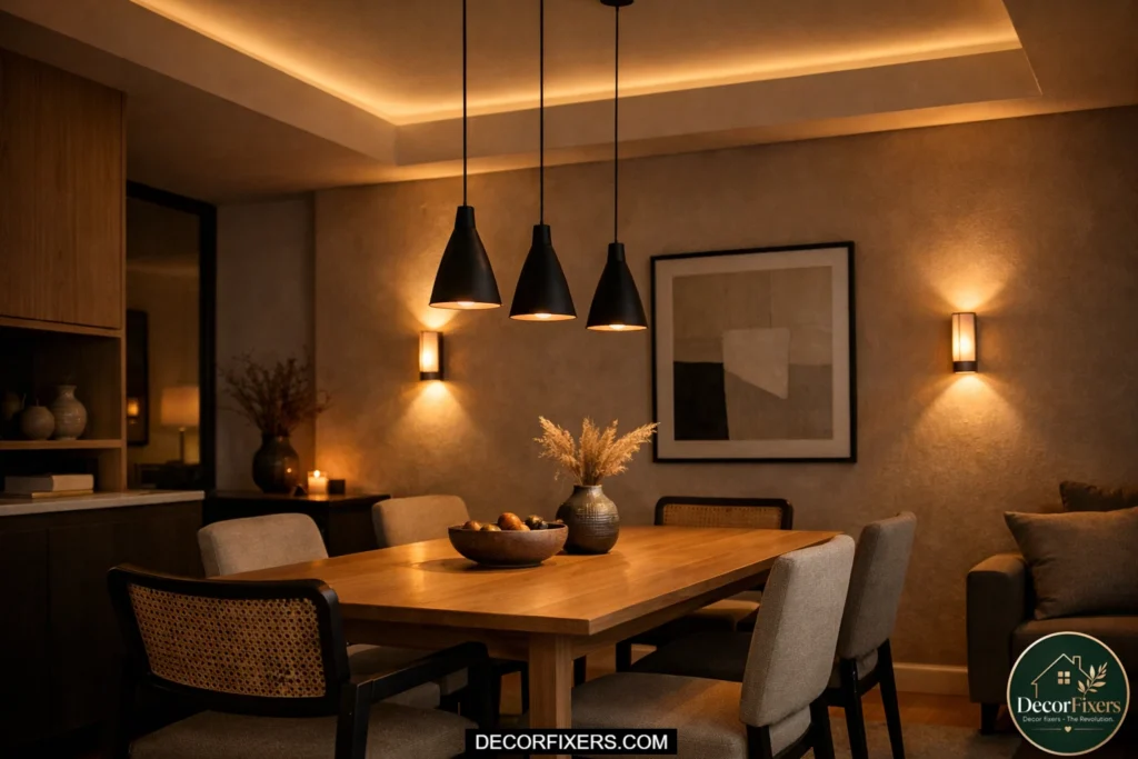 Small dining room with layered ambient task and accent lighting