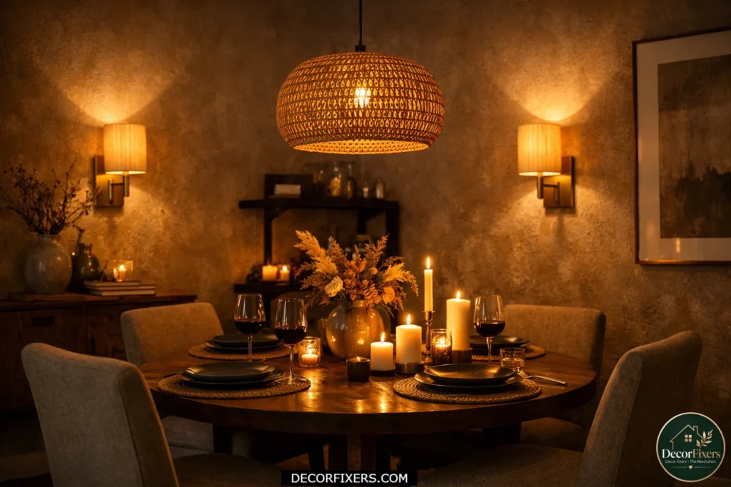 Small dining room with layered pendant, sconce, and candle lighting.