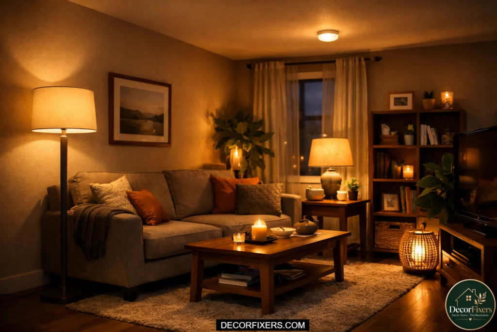 layered lighting setup making small living room feel bigger