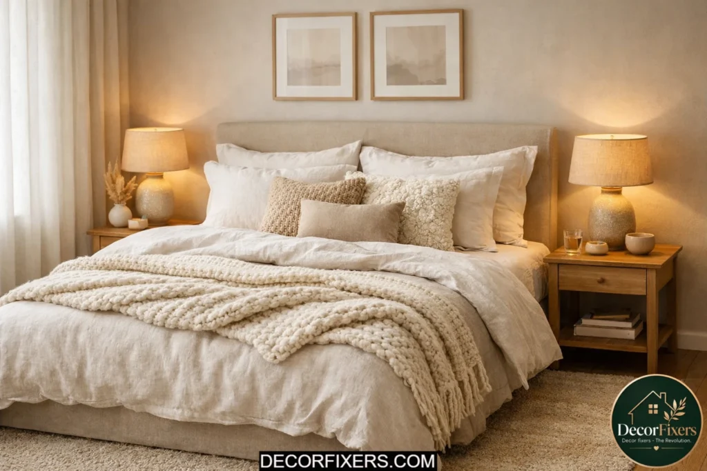Scandinavian bedroom with layered linen bedding and chunky wool throw.