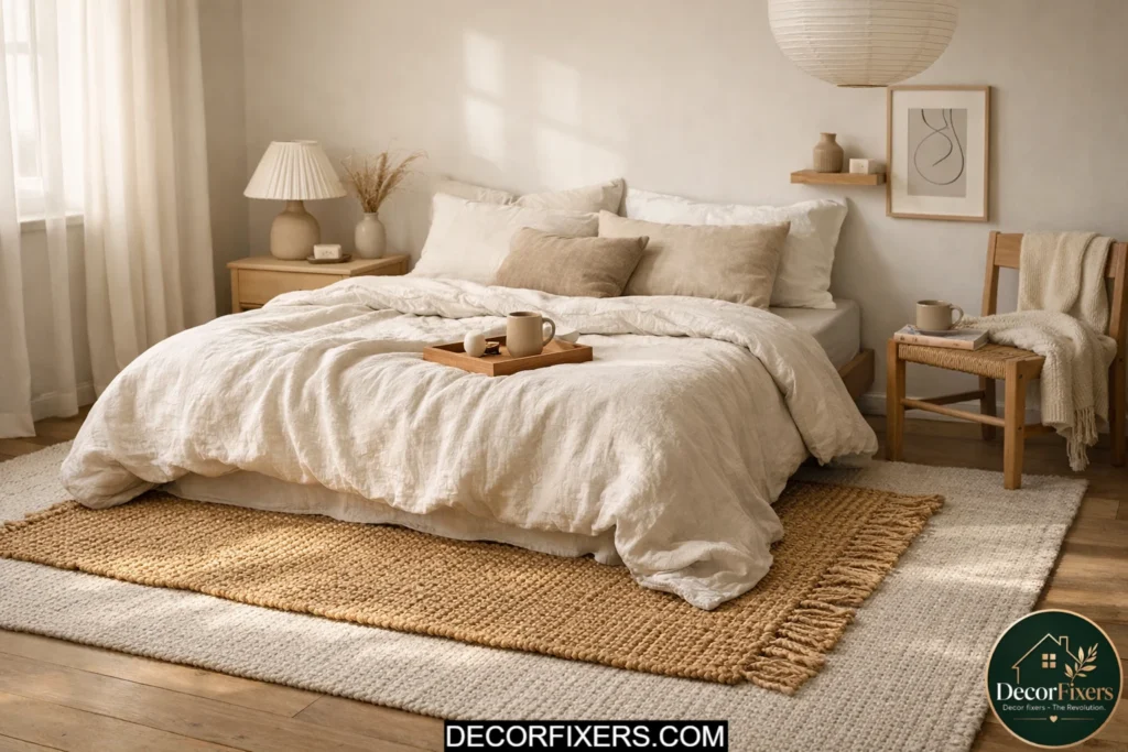 Layered rugs adding texture depth and warmth to a modern bedroom