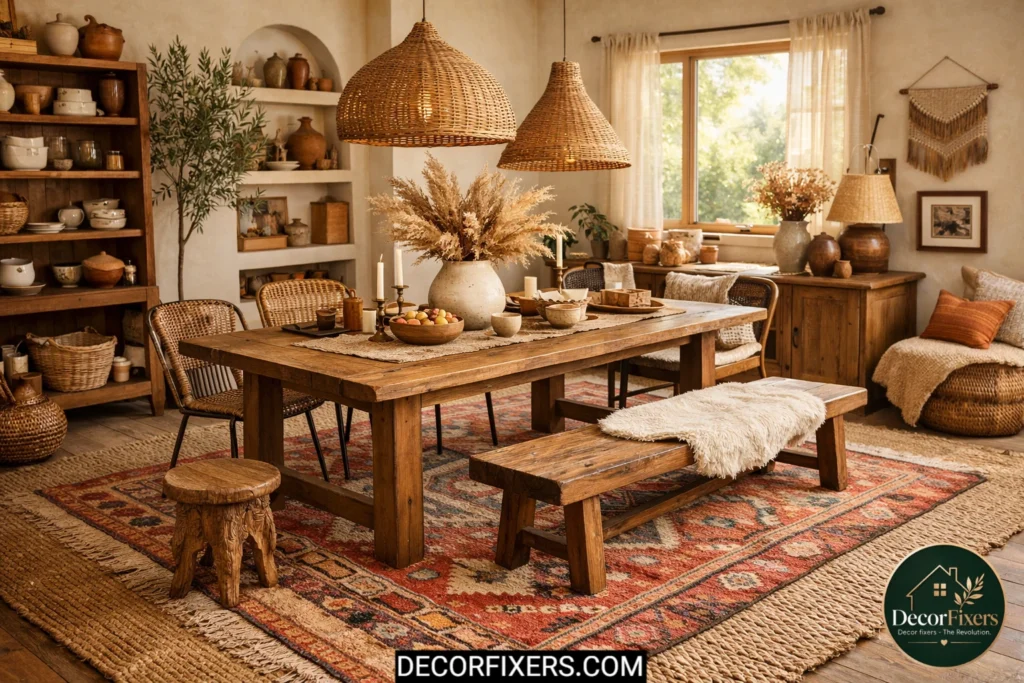 Boho dining room with layered jute and Moroccan rugs