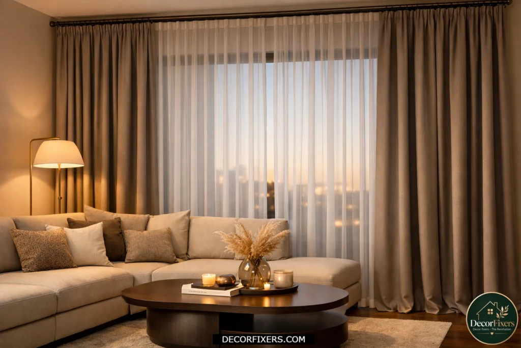 Layered sheer and blackout curtains in a luxurious contemporary living room.