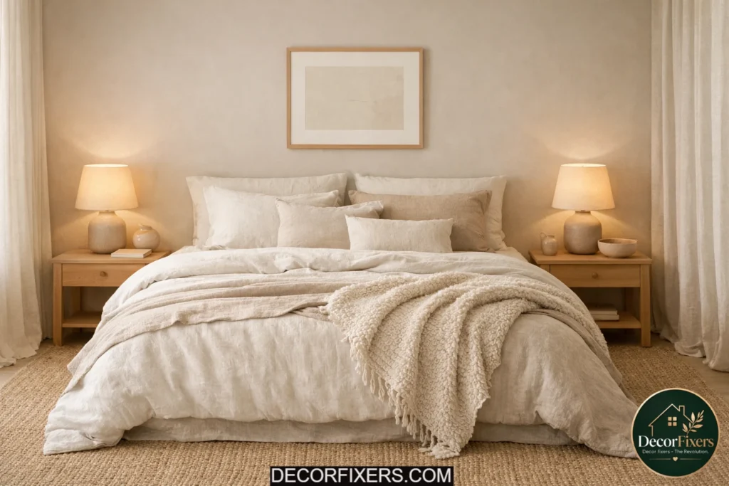 Cozy minimalist bedroom layered with linen, boucle, and jute textures