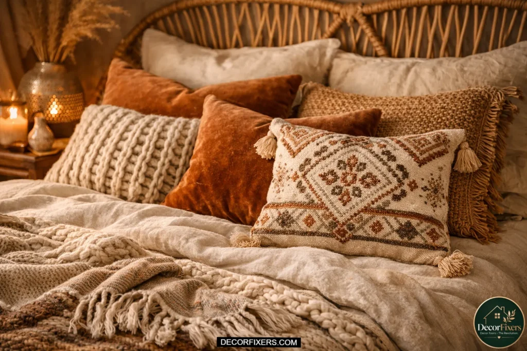 Close-up of bohemian bed styling with layered velvet, chunky knit, woven cotton, and embroidered throw pillows in warm neutral earthy tones.
