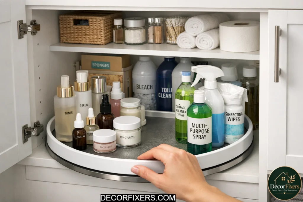 Lazy Susan turntable inside deep bathroom cabinet for easy access