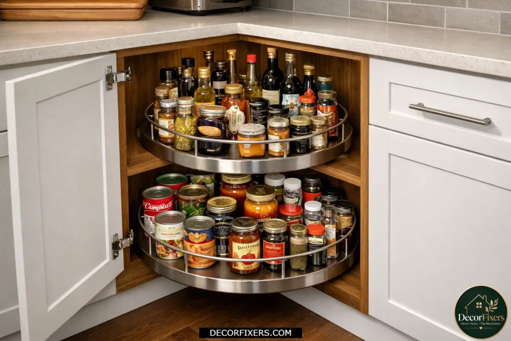 Lazy Susan turntable maximizing storage in a deep corner kitchen cabinet.